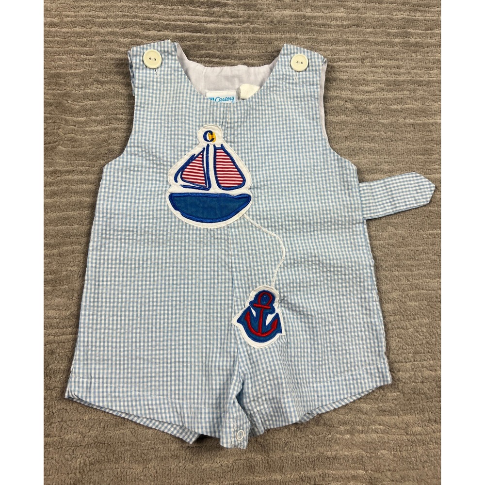 Carter's Romper Boys 6/9M Blue Gingham Nautical Sailboat Seersucker One‎ Piece